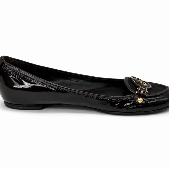 NWOT Tory Burch Dark Brown Patent Leather & Haircalf Ballet Flats Gold Hardware - Picture 12 of 17